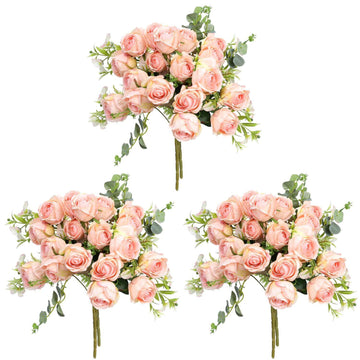 Fake Artificial Flowers 9 Branch 9 Heads Pink Silk Roses (3PCS)