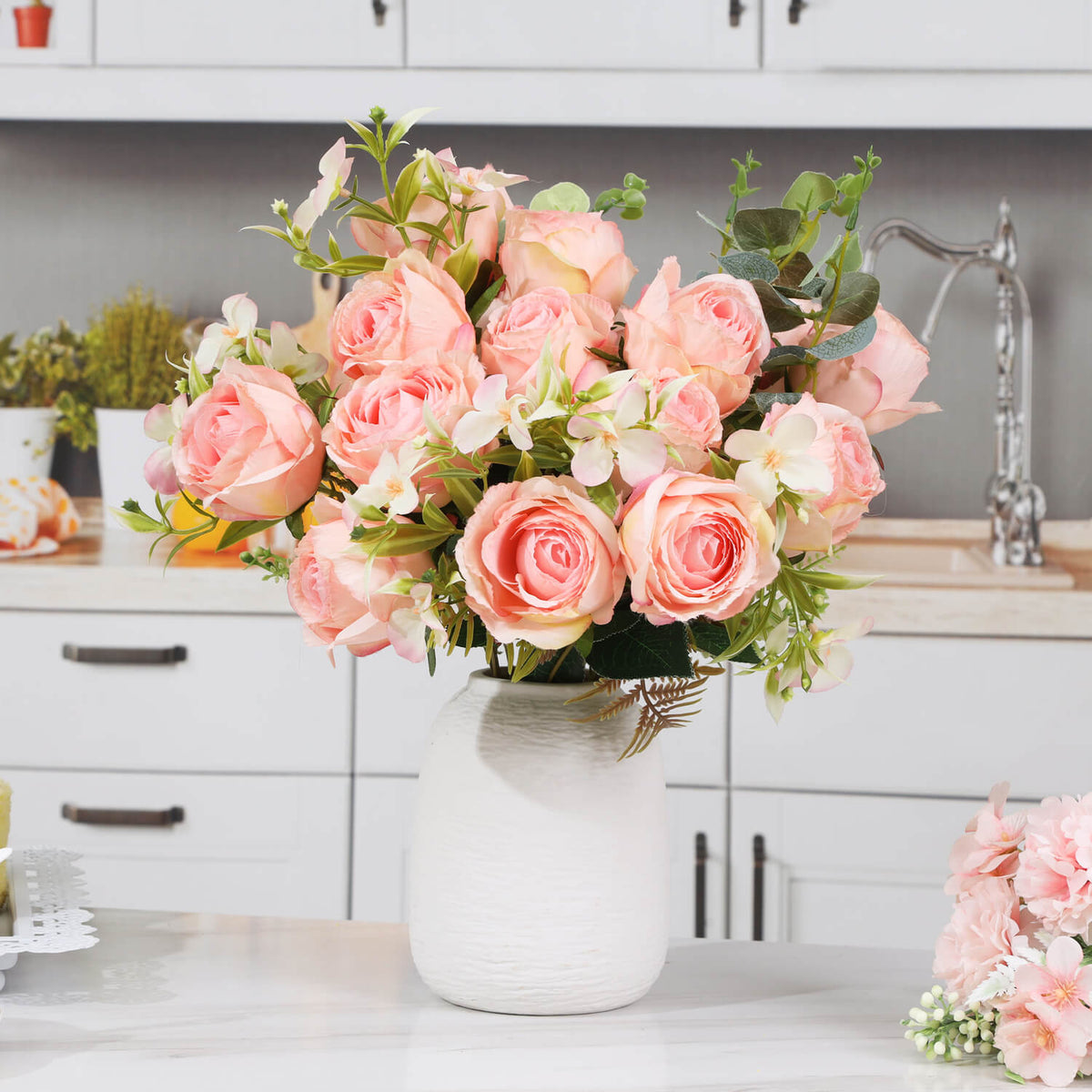 Fake Artificial Flowers 9 Branch 9 Heads Pink Silk Roses (3PCS)